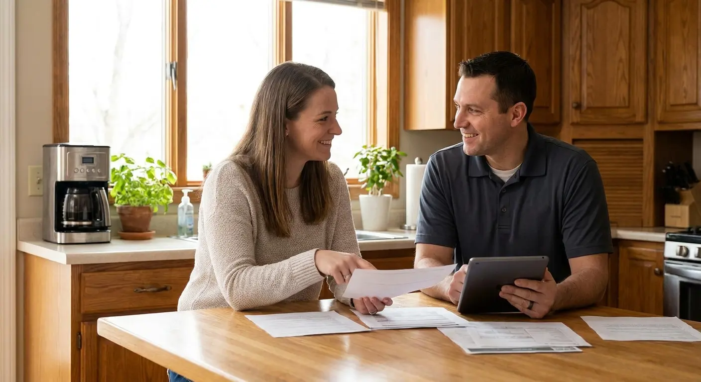 Homeowner reviewing financing options with roofing contractor