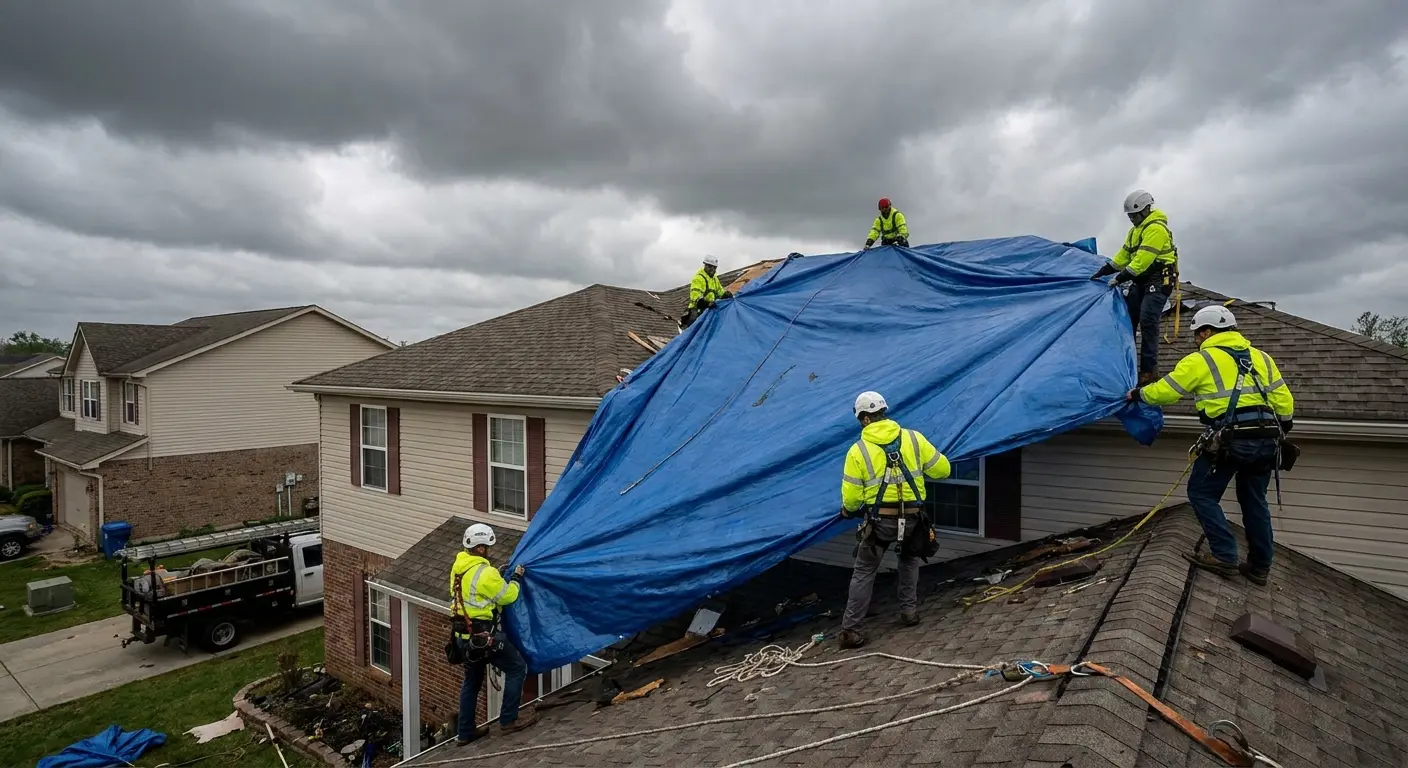 Emergency roof tarping after storm damage