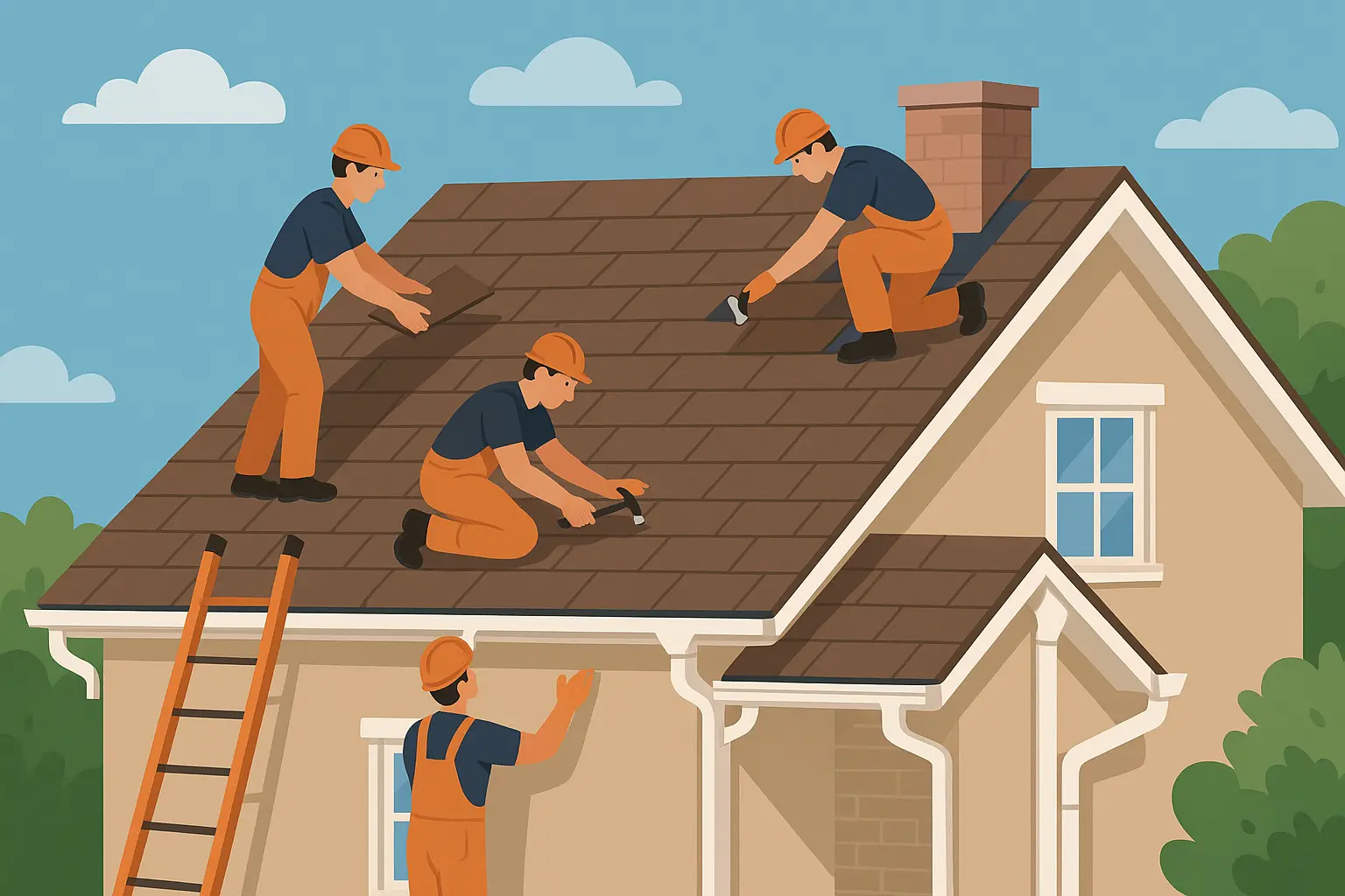 Realistic image of a full-service roofing crew safely working on a residential home