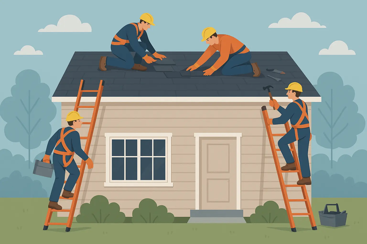 Realistic image of a professional roofer inspecting a residential roof for damage