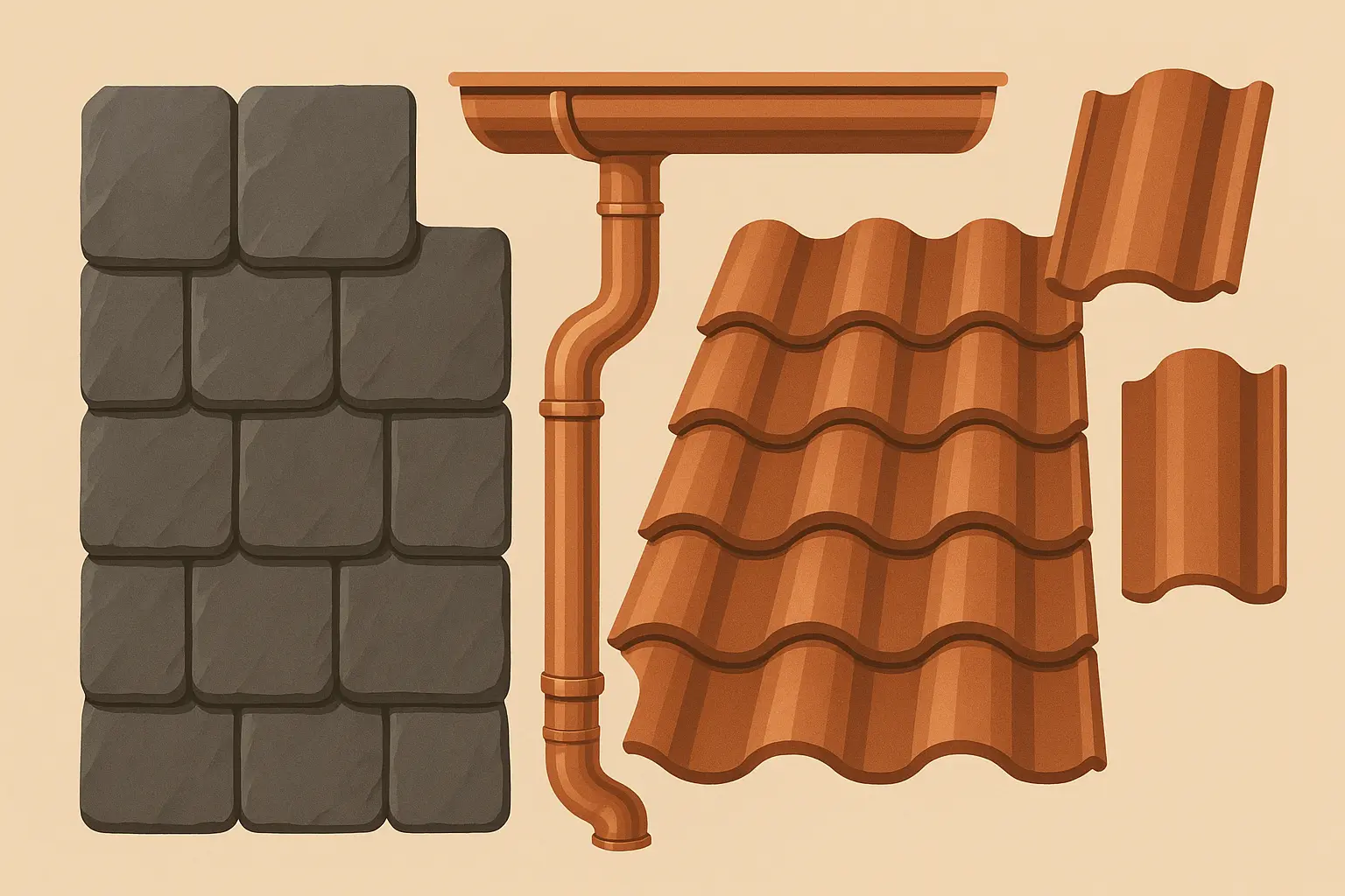 High-quality image of premium roofing materials including slate, clay tile, and copper flashing