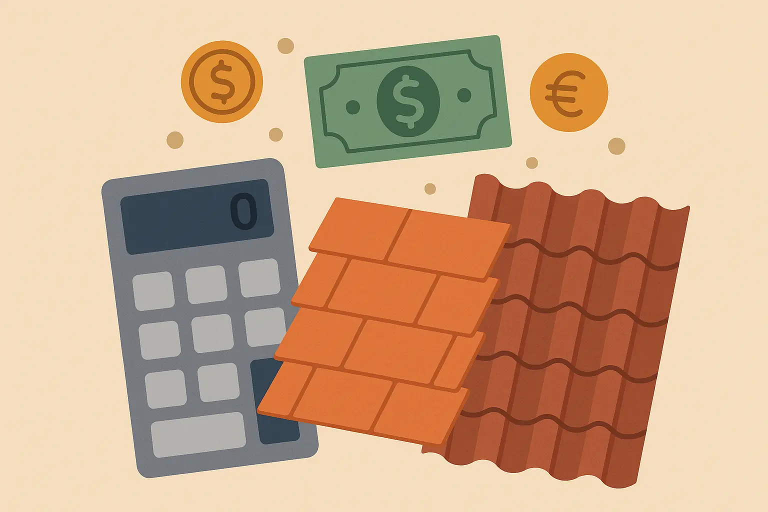 High-quality image of budget-friendly roofing materials with a cost comparison chart in the background
