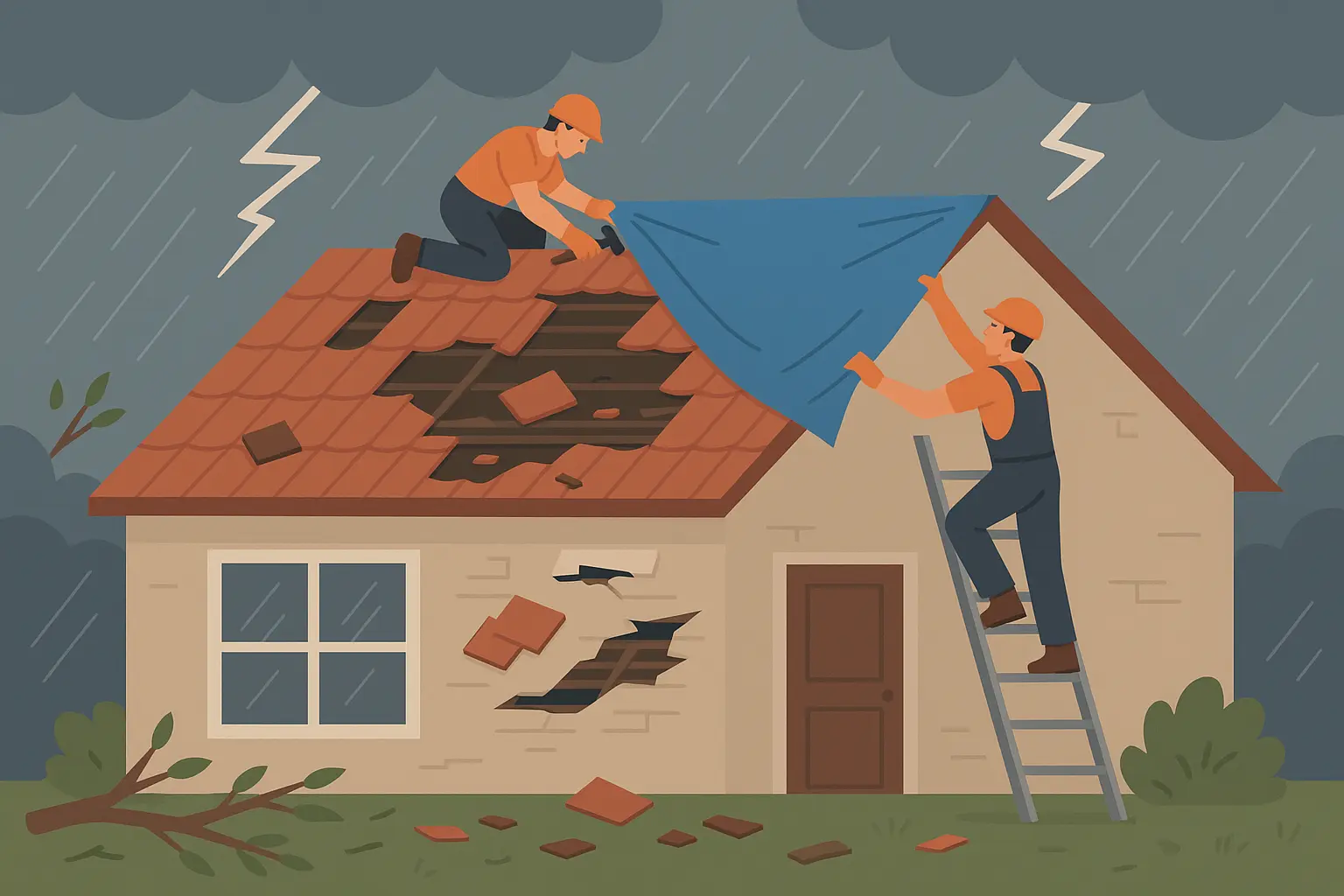 High-quality photo of an emergency roofing crew responding to severe storm damage at night