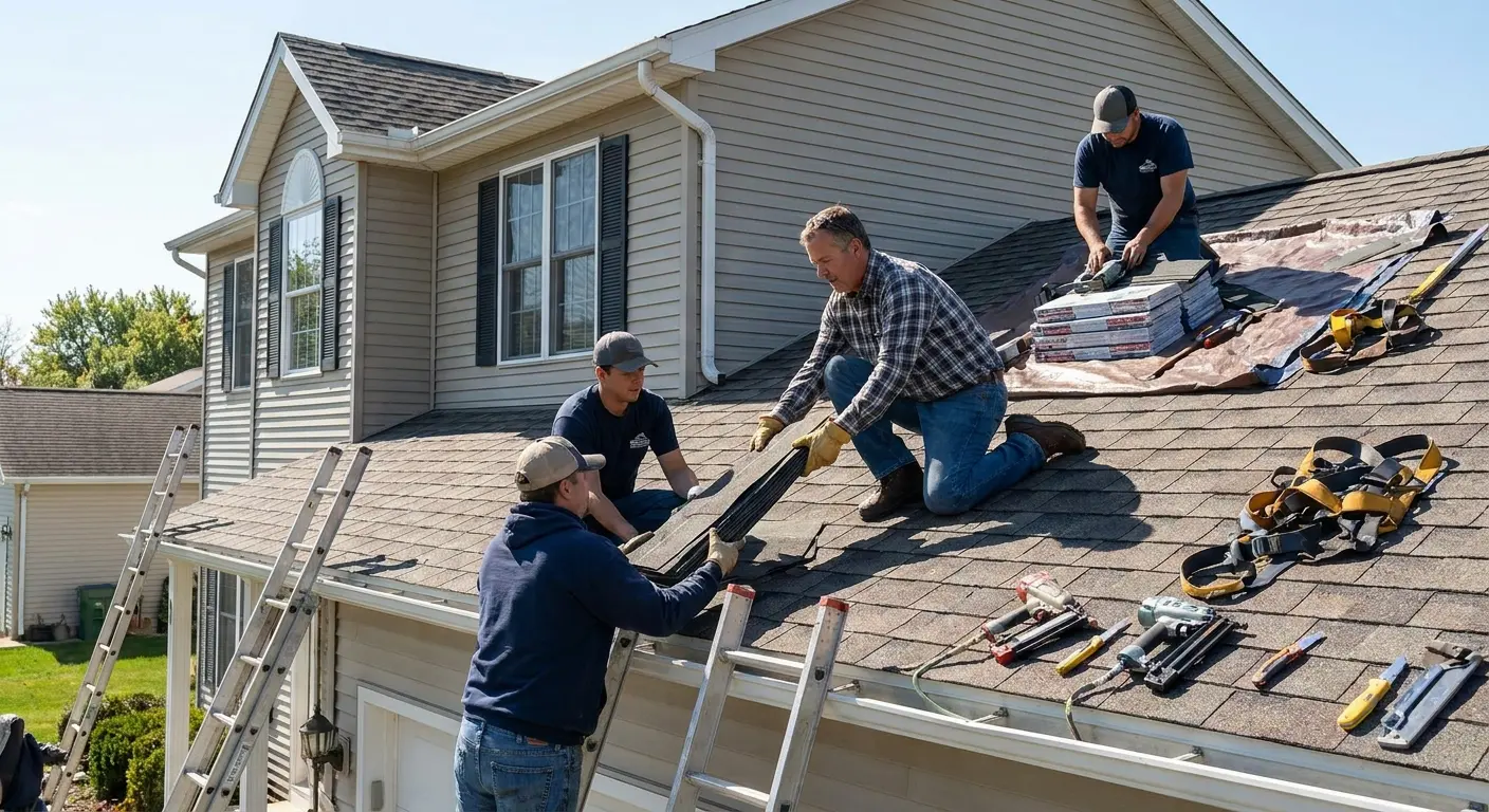 Owner-operated roofing crew installing shingles