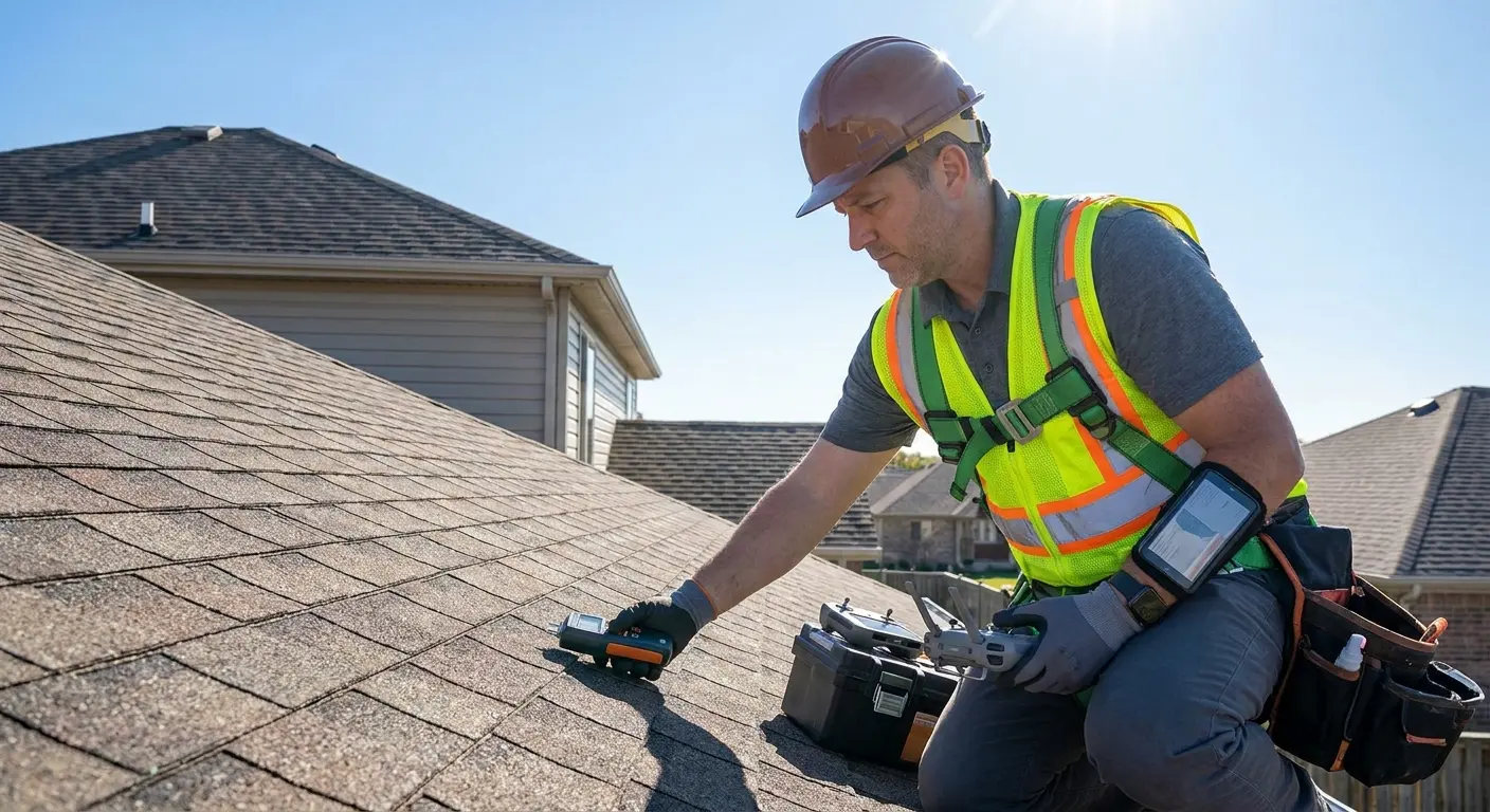 Roofing specialist examining storm damage on Knoxville roof